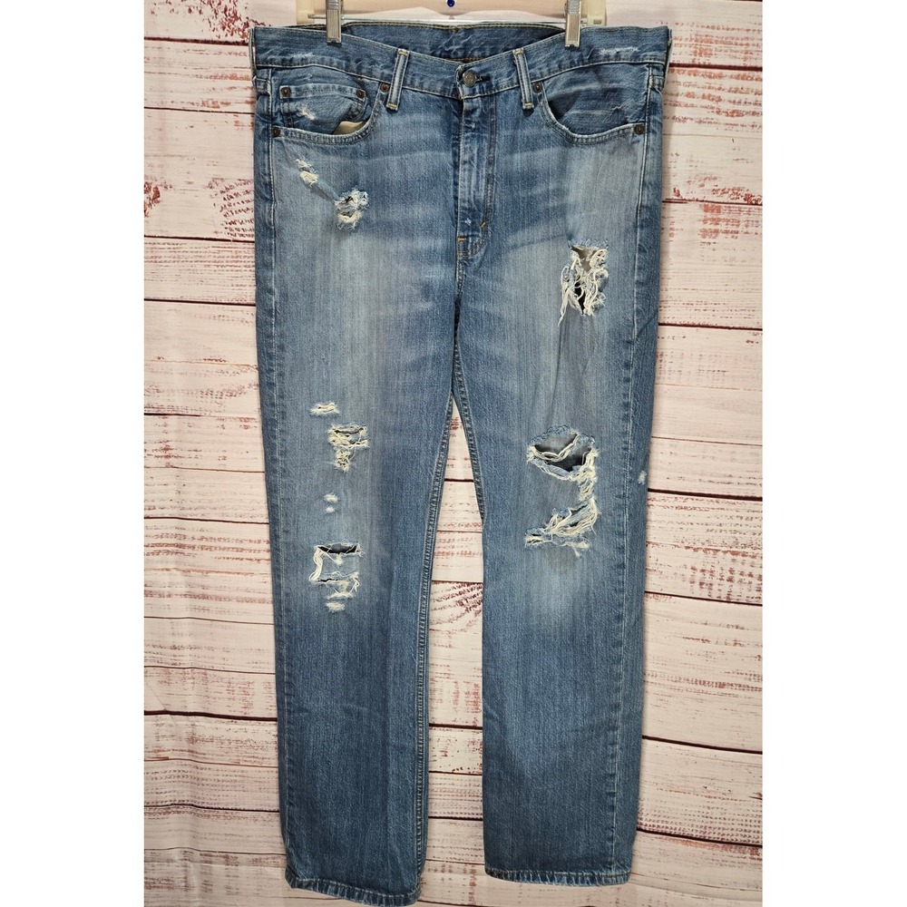 Levis 514 Straight Fit Heavy Distressed Grunge Medium Wash Blue Jeans W36‎ L32